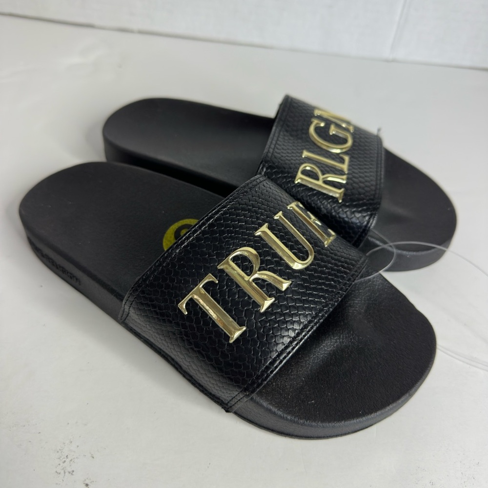 True religion kids snake print black gold sandals flip-flop size 5